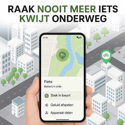 Smartphone toont fiets gelokaliseerd via GuardianTag GPS-tracker in een stadskaart met groen locatiepictogram.