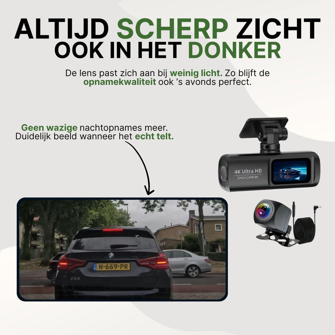 GuardianView Pro dashcam with advanced night vision and automatic light adjustment, for razor-sharp recordings in low light and in the dark.