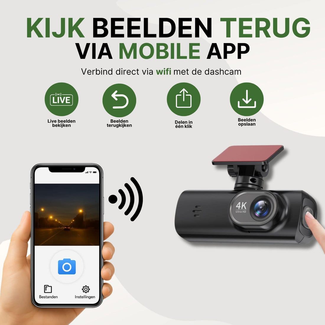 GuardianView Pro dashcam with wifi and mobile app, allowing you to view live footage, easily rewind, save and share via your smartphone.