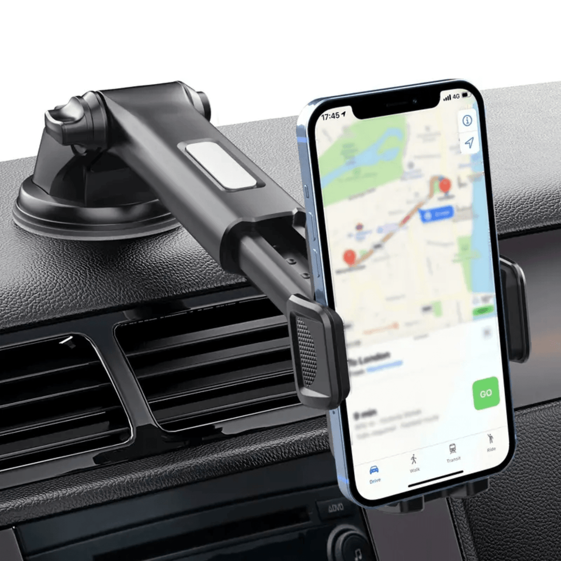Phone in Holdify holder on the car dashboard, with navigation visible on the screen.