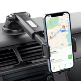 Phone in Holdify holder on the car dashboard, with navigation visible on the screen.