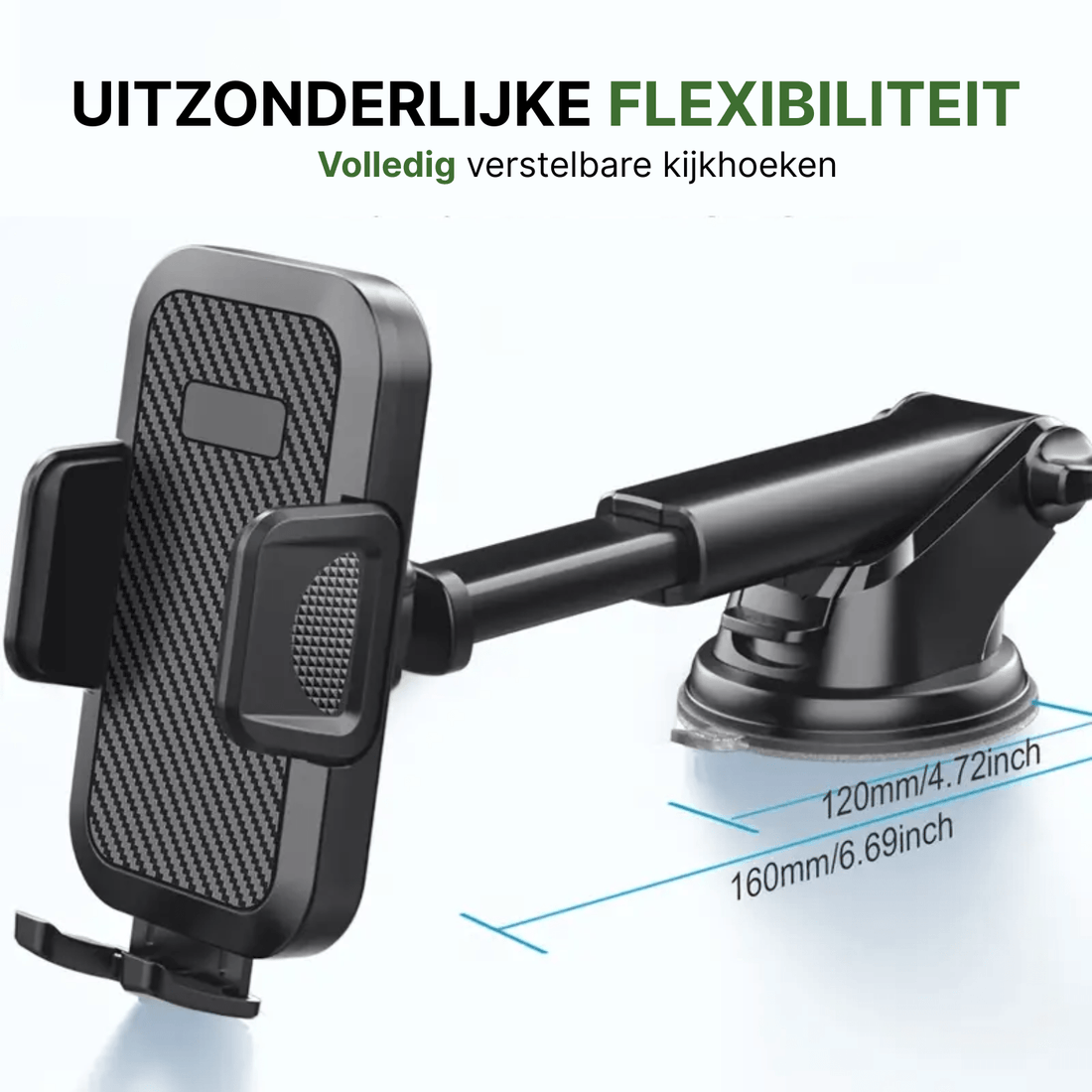 Black Holdify phone holder with carbon look and extendable arm for adjustable viewing angles in the car.