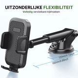 Black Holdify phone holder with carbon look and extendable arm for adjustable viewing angles in the car.