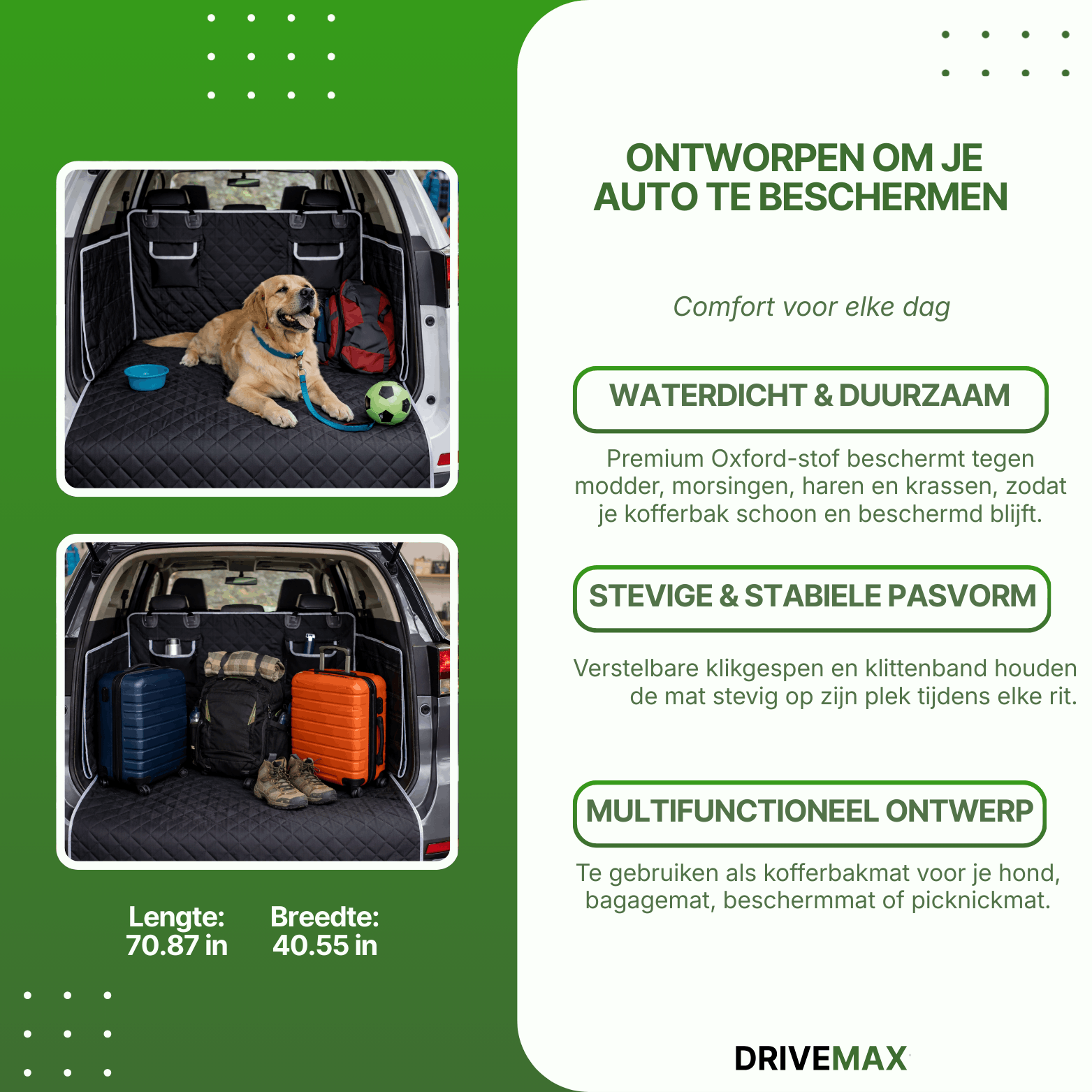 Black padded dog blanket in the car trunk with dog and placed suitcases.
