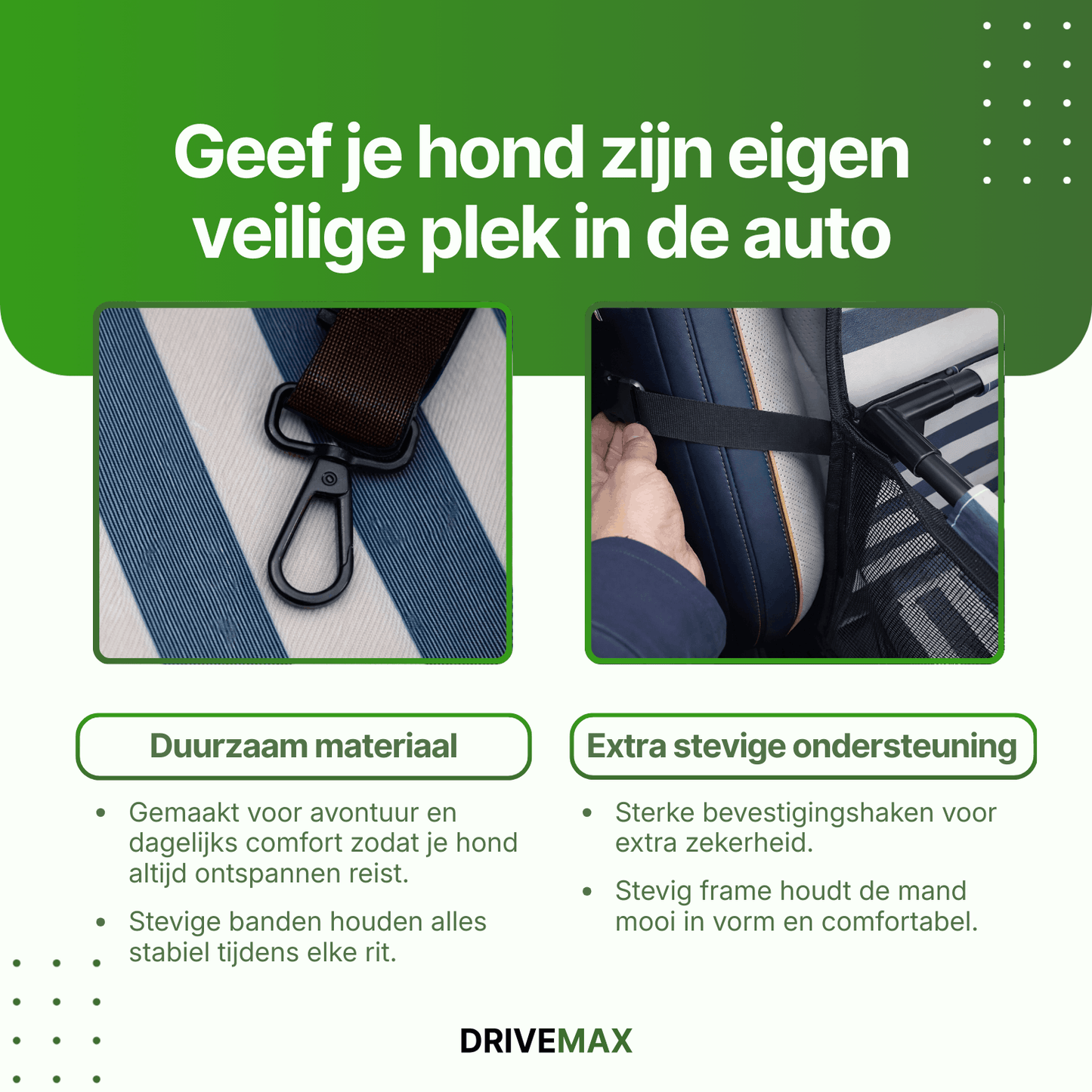 Dog car seat with close-up of strap hook and support strap attached to a car seat