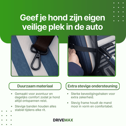 Dog car seat with close-up of strap hook and support strap attached to a car seat