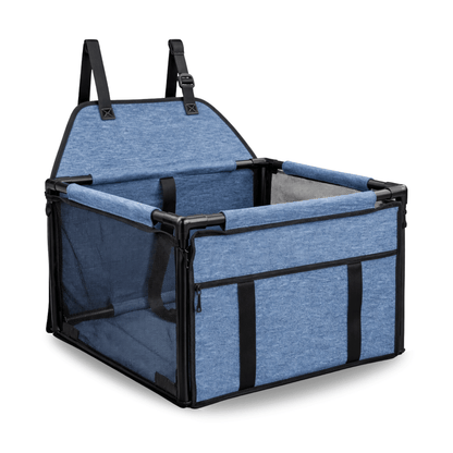 Blue dog car seat with mesh sides, raised edges and adjustable straps for attachment to a car seat.