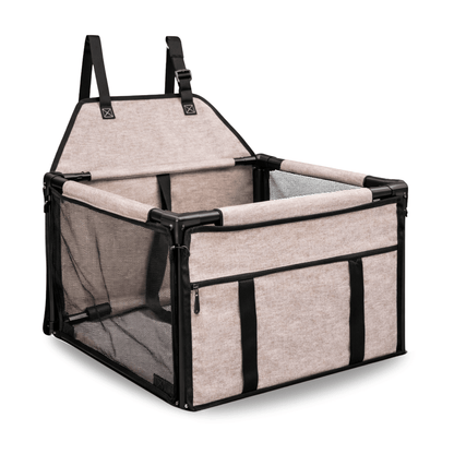 Brown dog car seat with mesh sides, raised edges and adjustable straps for attachment to a car seat.