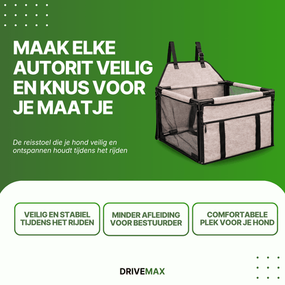 Brown dog car seat with mesh sides displayed on green promotional background with travel safety text.