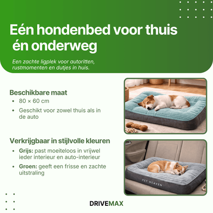 Rechthoekige hondenmand in grijs en groen met hond liggend thuis en op de achterbank van een auto.