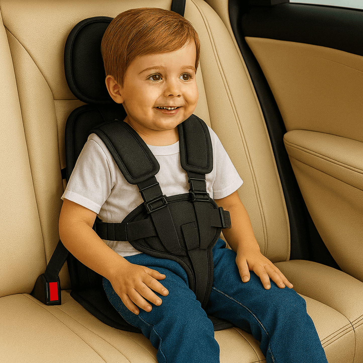 Zwarte kinder autostoel met 5-puntsgordel, geplaatst op een beige achterbank voor optimale veiligheid.