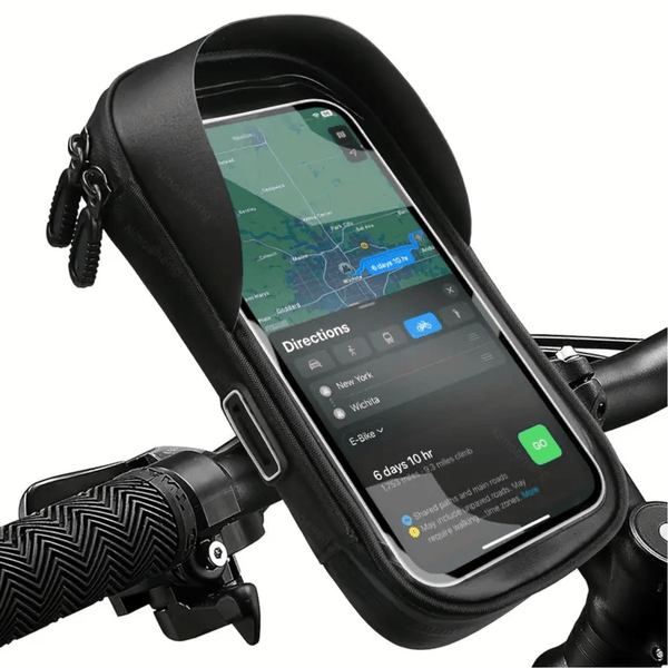 MotoShield waterproof phone holder on bike handlebar with visible touchscreen and active navigation on screen.