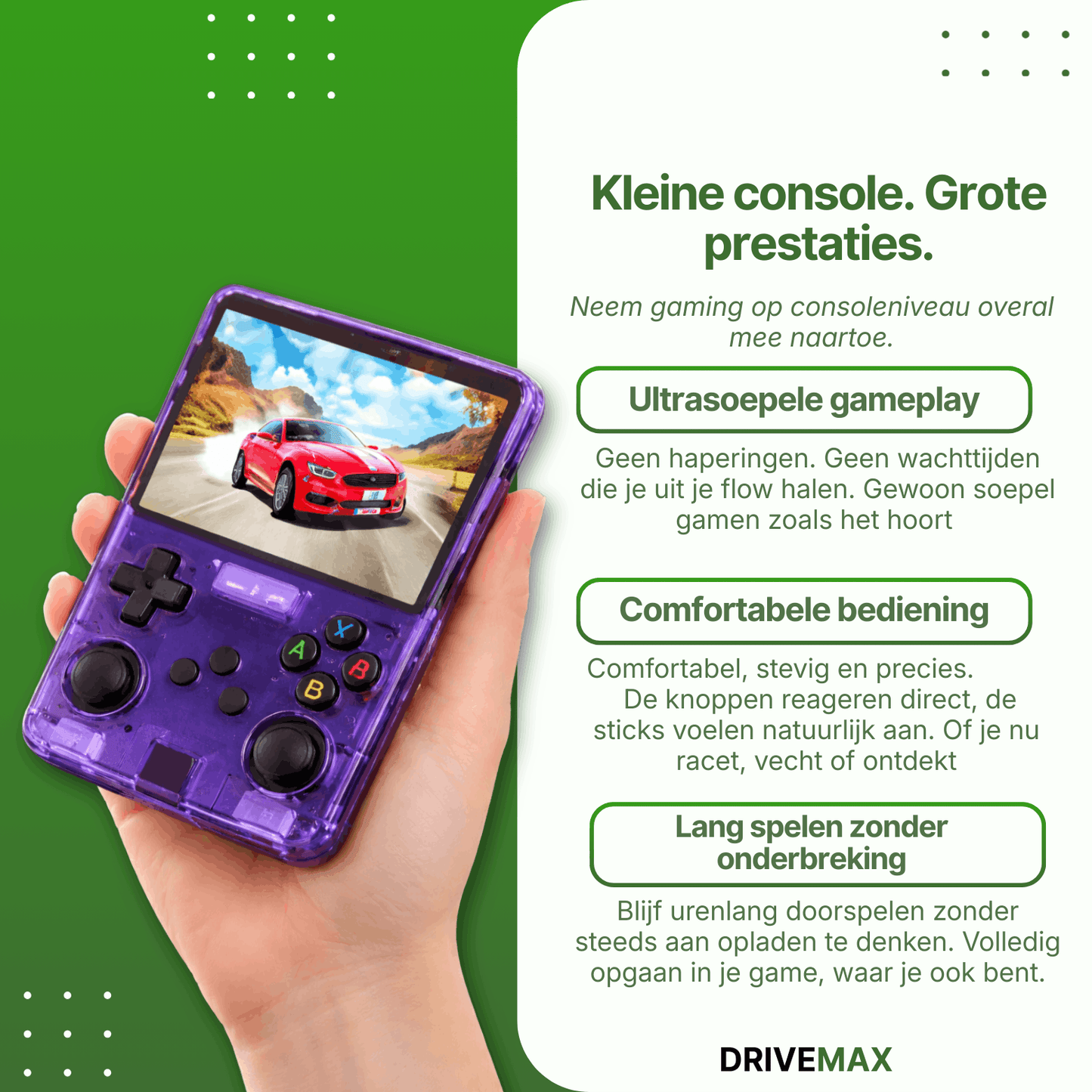 Portable handheld gaming console in transparent purple design held in a hand, showing a racing game on the screen with classic joystick and button controls.
