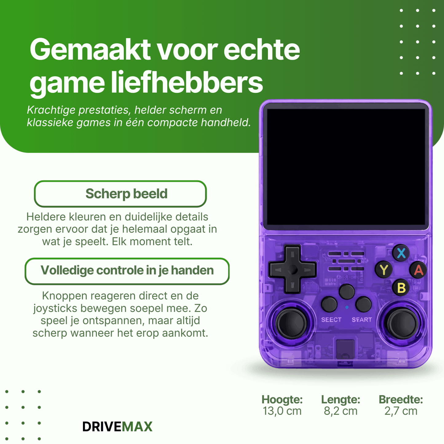 Purple transparent handheld gaming console with dual joysticks and classic buttons, featuring a high-quality display and compact portable design.