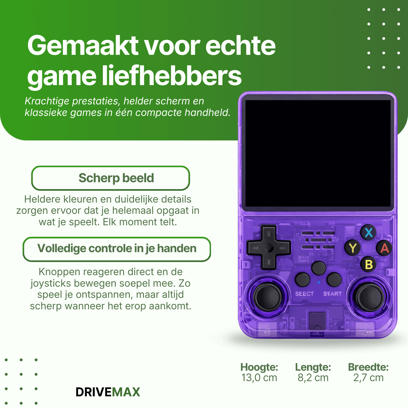 Purple transparent handheld gaming console with dual joysticks and classic buttons, featuring a high-quality display and compact portable design.
