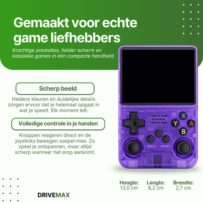 Purple transparent handheld gaming console with dual joysticks and classic buttons, featuring a high-quality display and compact portable design.