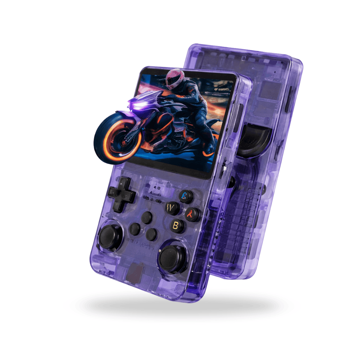 Purple transparent handheld gaming console with classic buttons and joysticks, showing a motorcycle racing game on the screen.