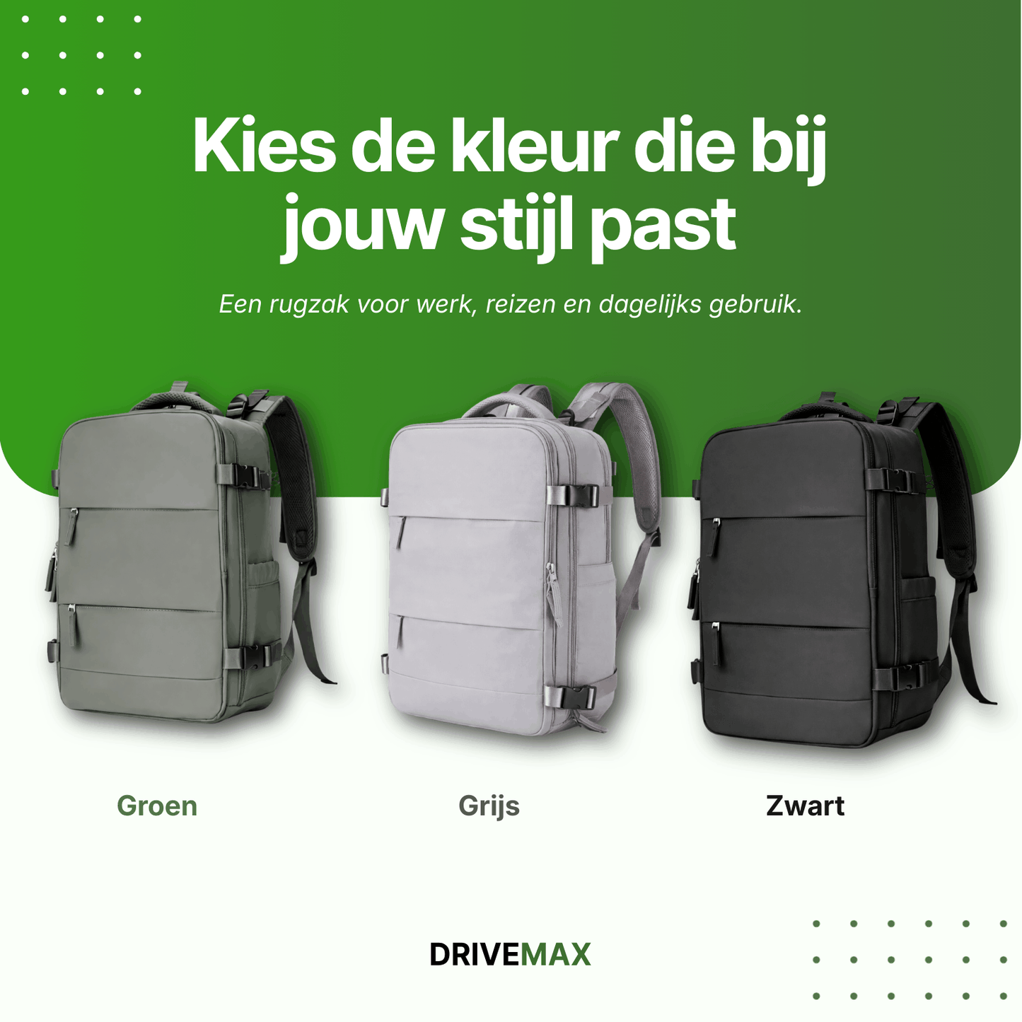 Travel backpacks shown in green, gray and black color options on a promotional background.