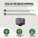 Compact black motorcycle camera with promotional text about safe recording and smart journey capture.