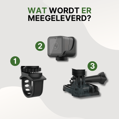 RideGuard Pro dashcam met meegeleverde stuurhouder, camera en helmbevestiging in beeld.