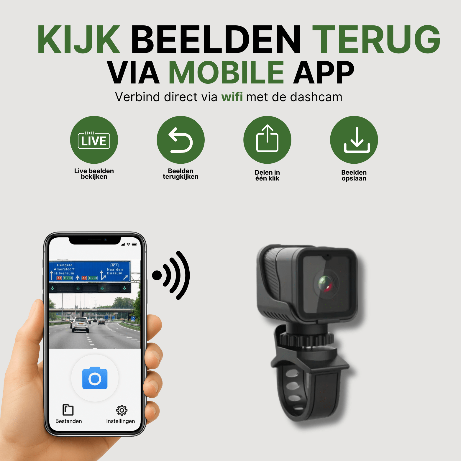 RideGuard Pro dashcam met smartphoneverbinding via wifi om beelden live of terug te kijken.