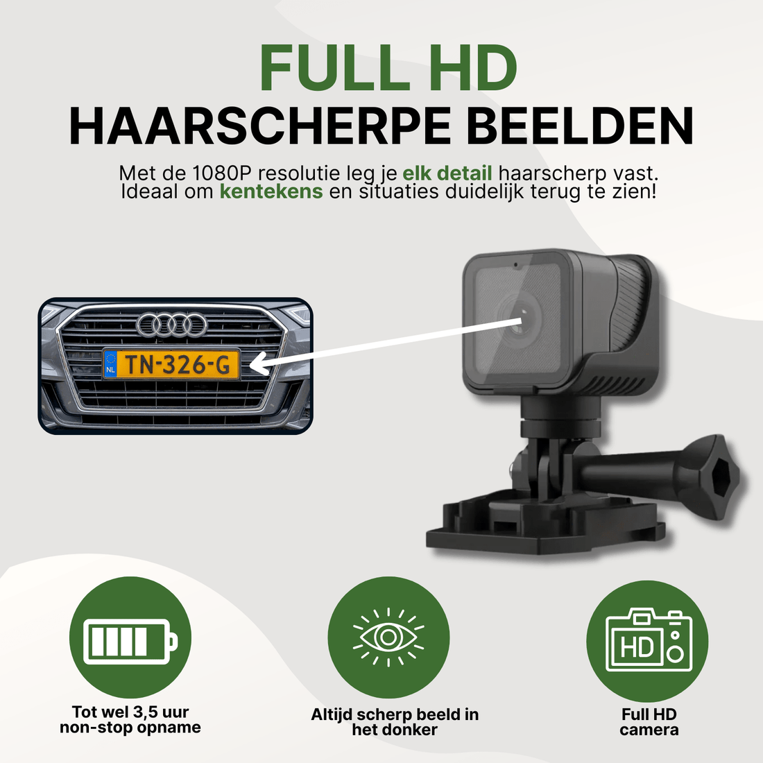 Compact black motorcycle camera on mounting base shown with full HD recording promotional text.