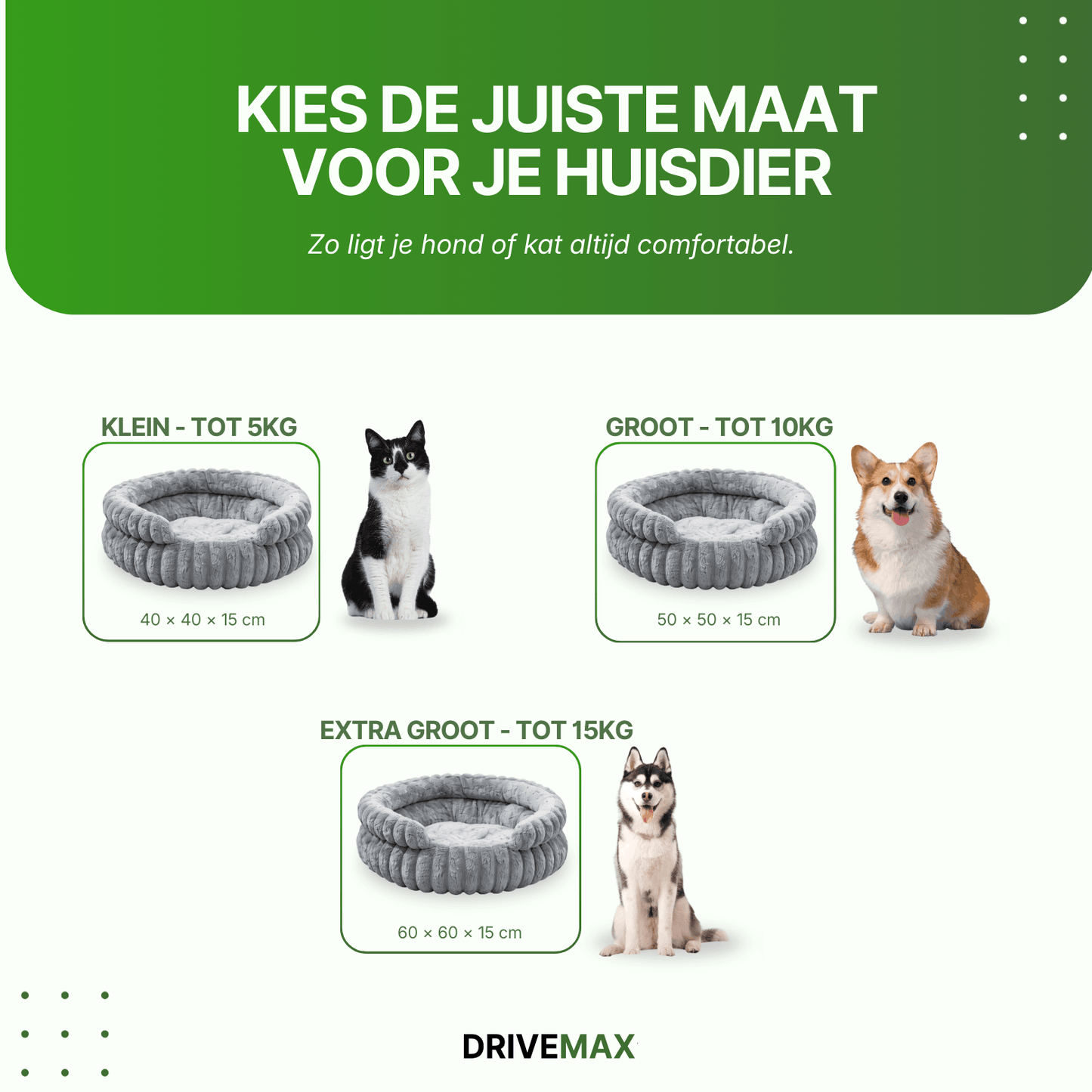 Size guide showing round grey plush dog bed in three sizes with a cat and dogs for comparison.
