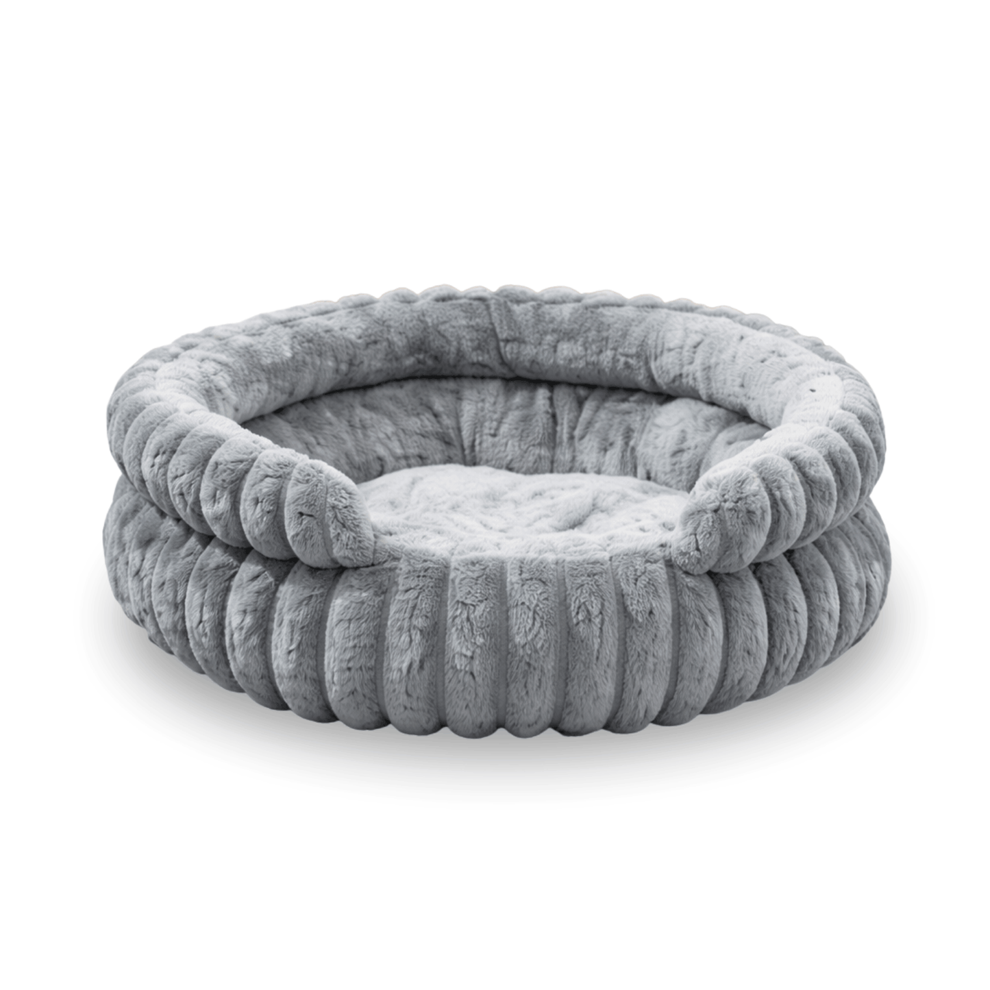 Round grey plush dog bed with raised soft edges and padded sleeping cushion.