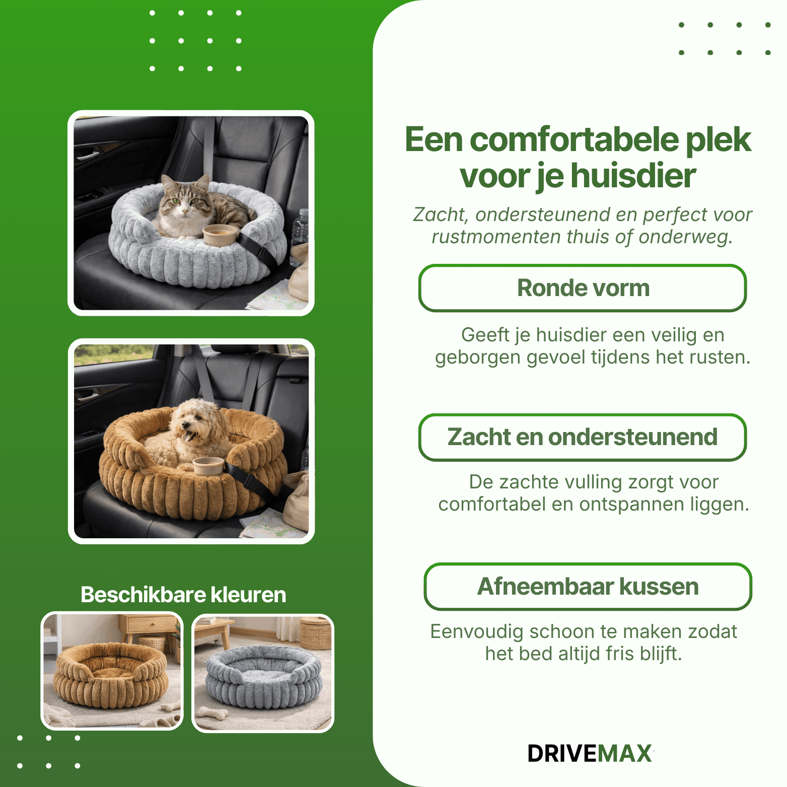 Round plush dog bed placed on a car seat with a cat in a grey bed and a dog in a brown bed, with color options shown.
