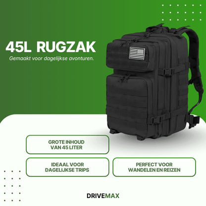 Black 45L backpack with multiple compartments and a patch on the front, shown from the front view.