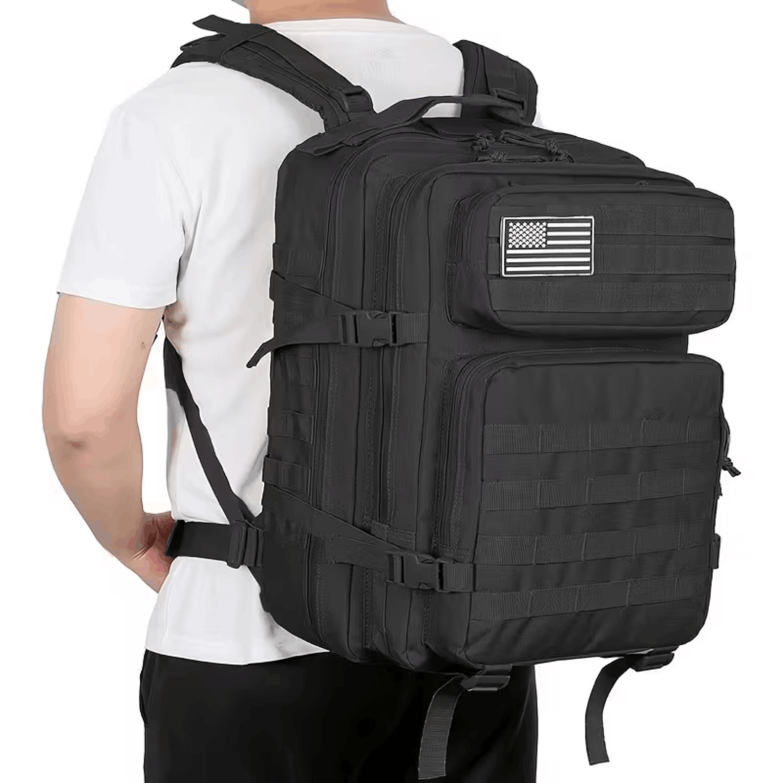Green backpack with multiple compartments and straps, photographed from the front at an angle.