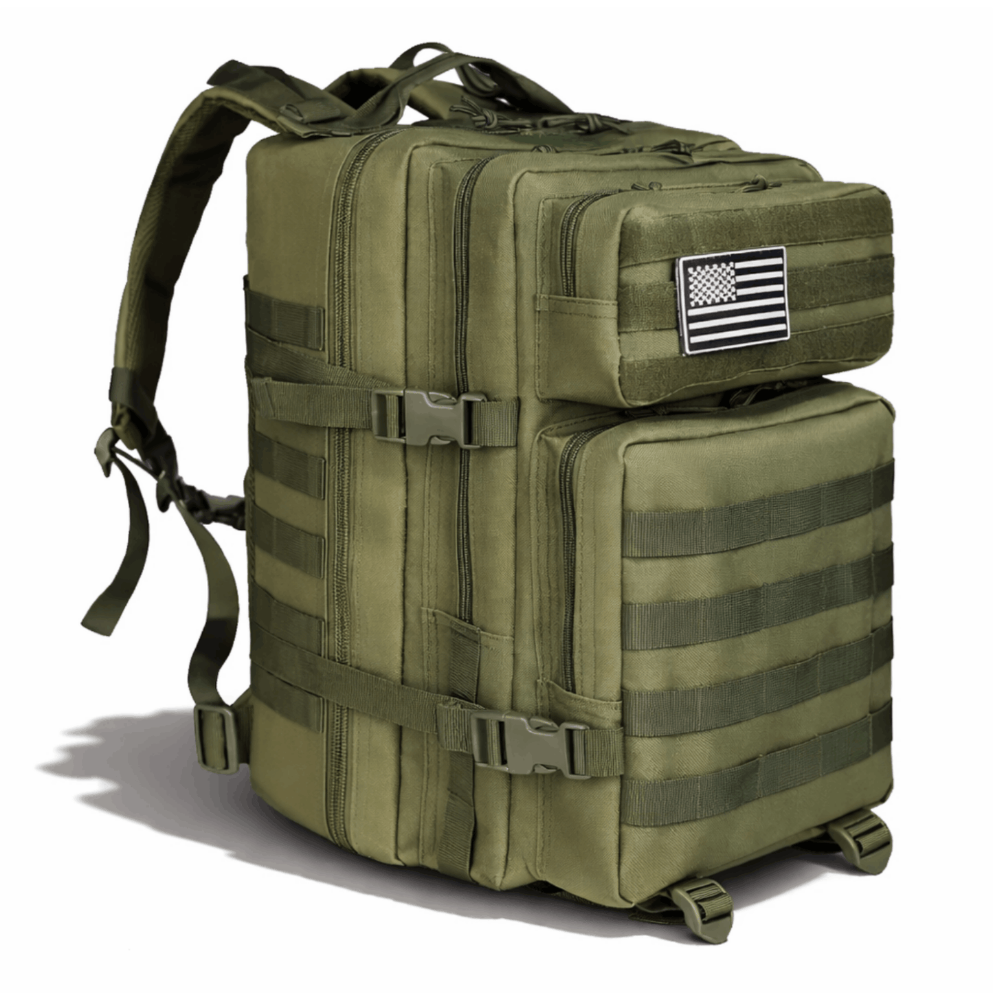 Khaki backpack with multiple zippered pockets and adjustable straps, photographed from the front at an angle
