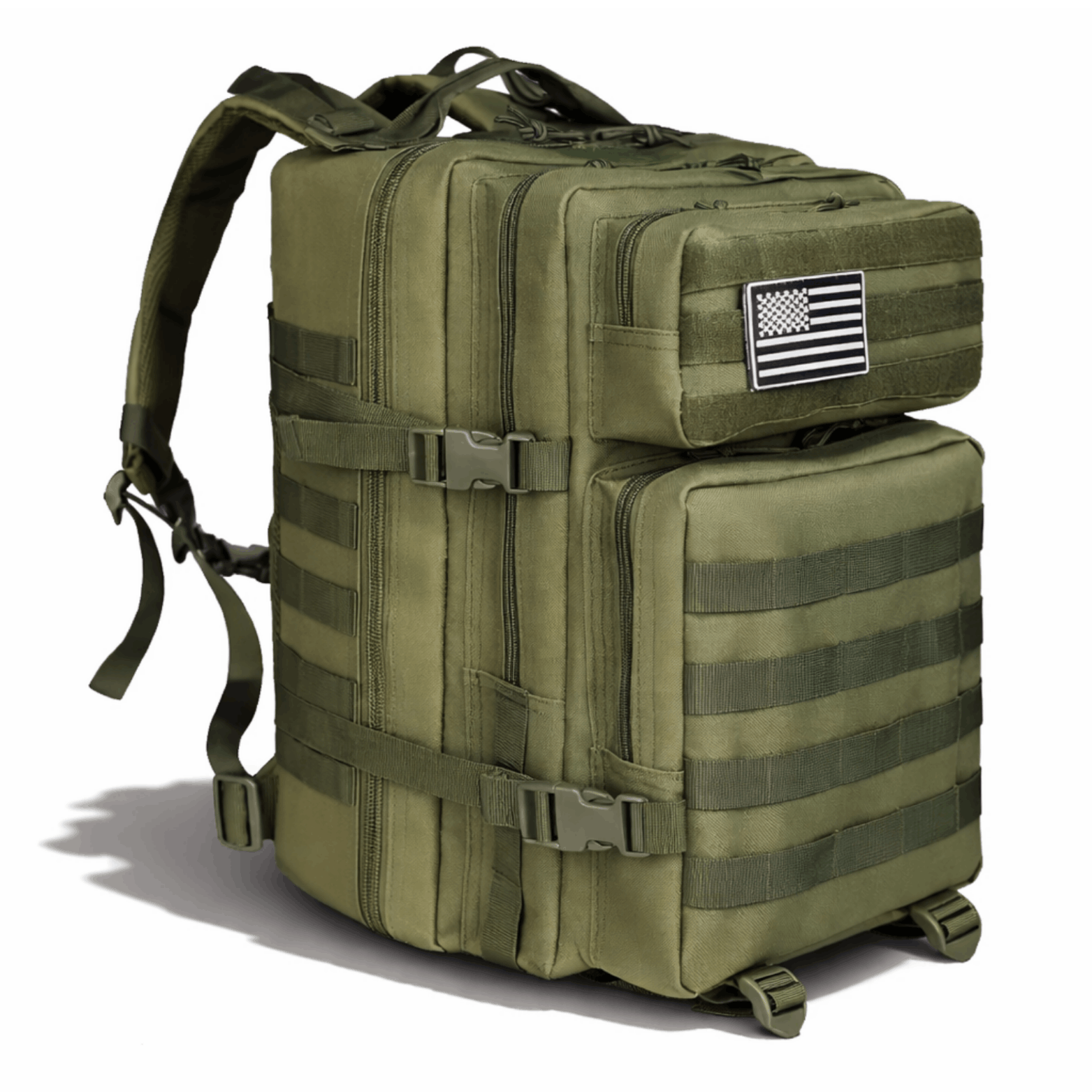 Khaki backpack with multiple zippered pockets and adjustable straps, photographed from the front at an angle