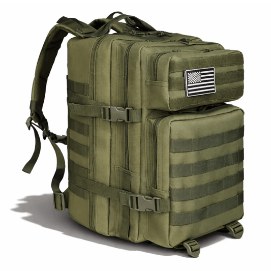 Khaki backpack with multiple zippered pockets and adjustable straps, photographed from the front at an angle