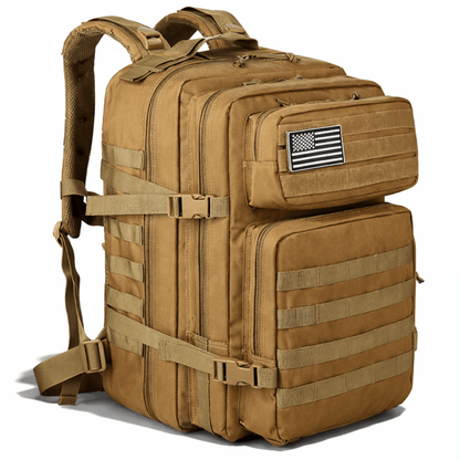 Khaki backpack with multiple zippered pockets and adjustable straps, photographed from a slanting front view.1