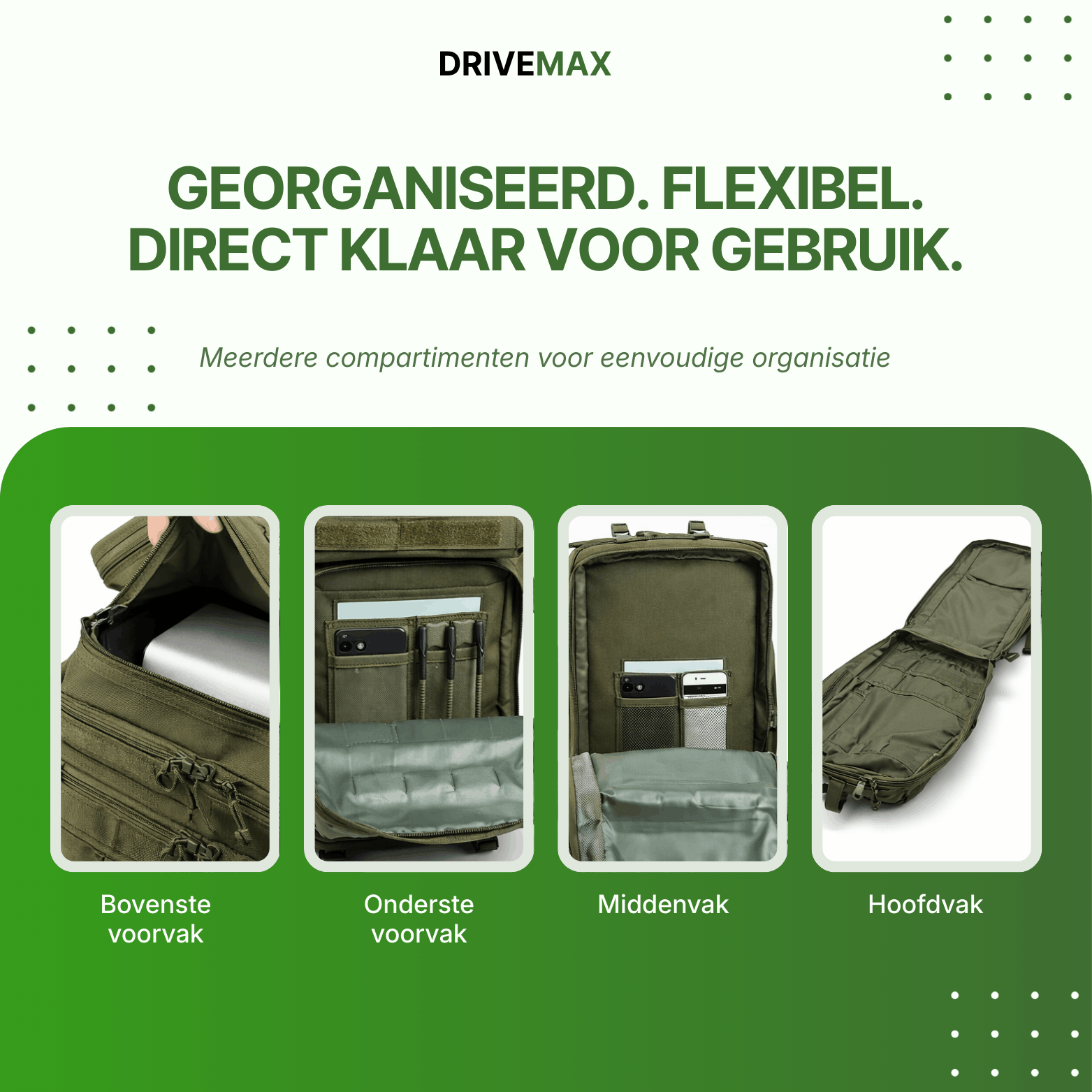 Backpack with several compartments, including upper front pocket, lower front pocket, middle pocket, and main compartment.