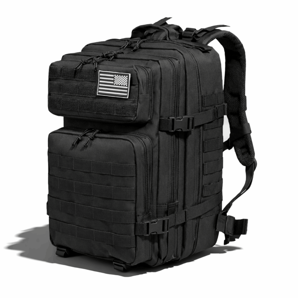 Black backpack with multiple compartments and buckles, photographed from a slanting front view.
