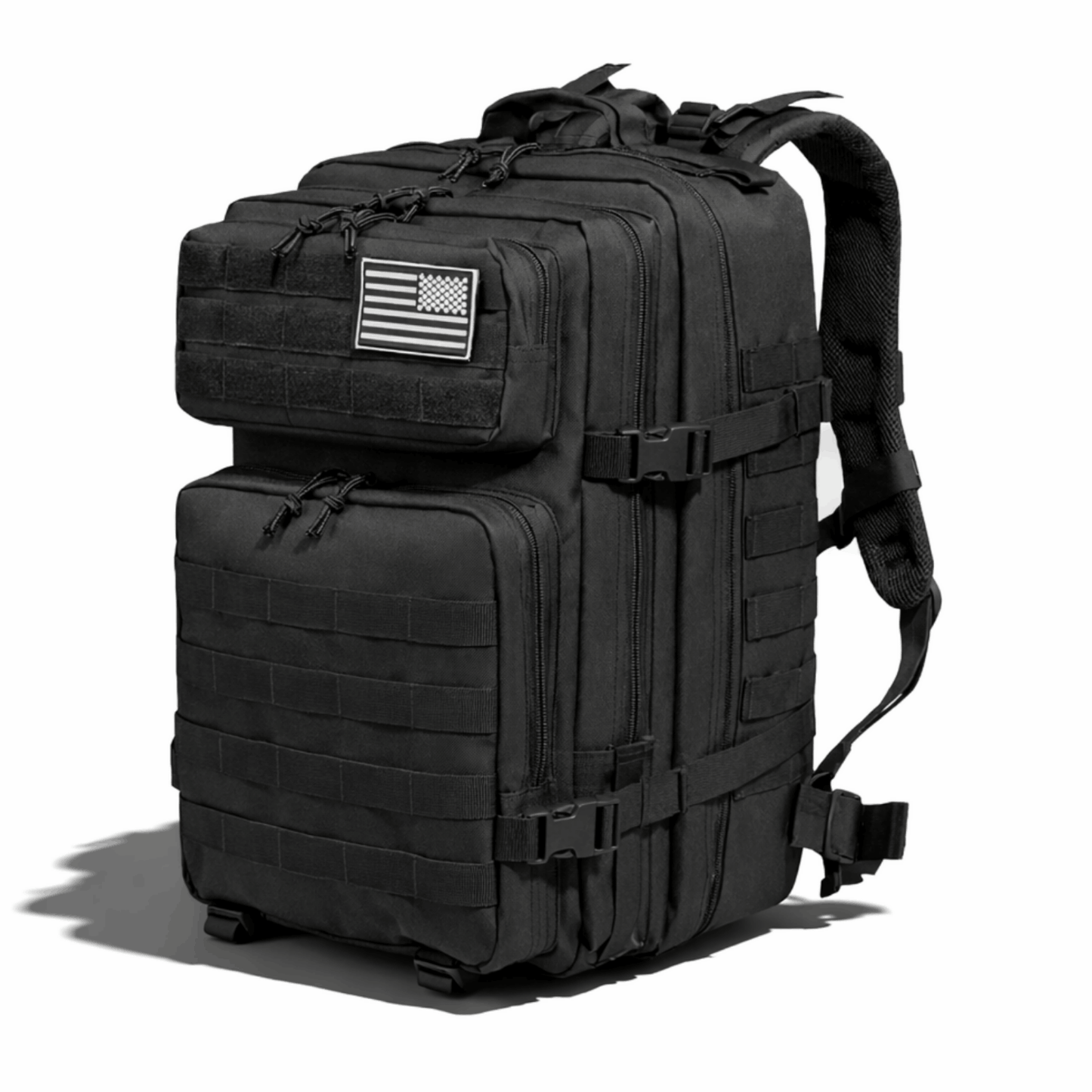 Black backpack with multiple compartments and buckles, photographed from a slanting front view.