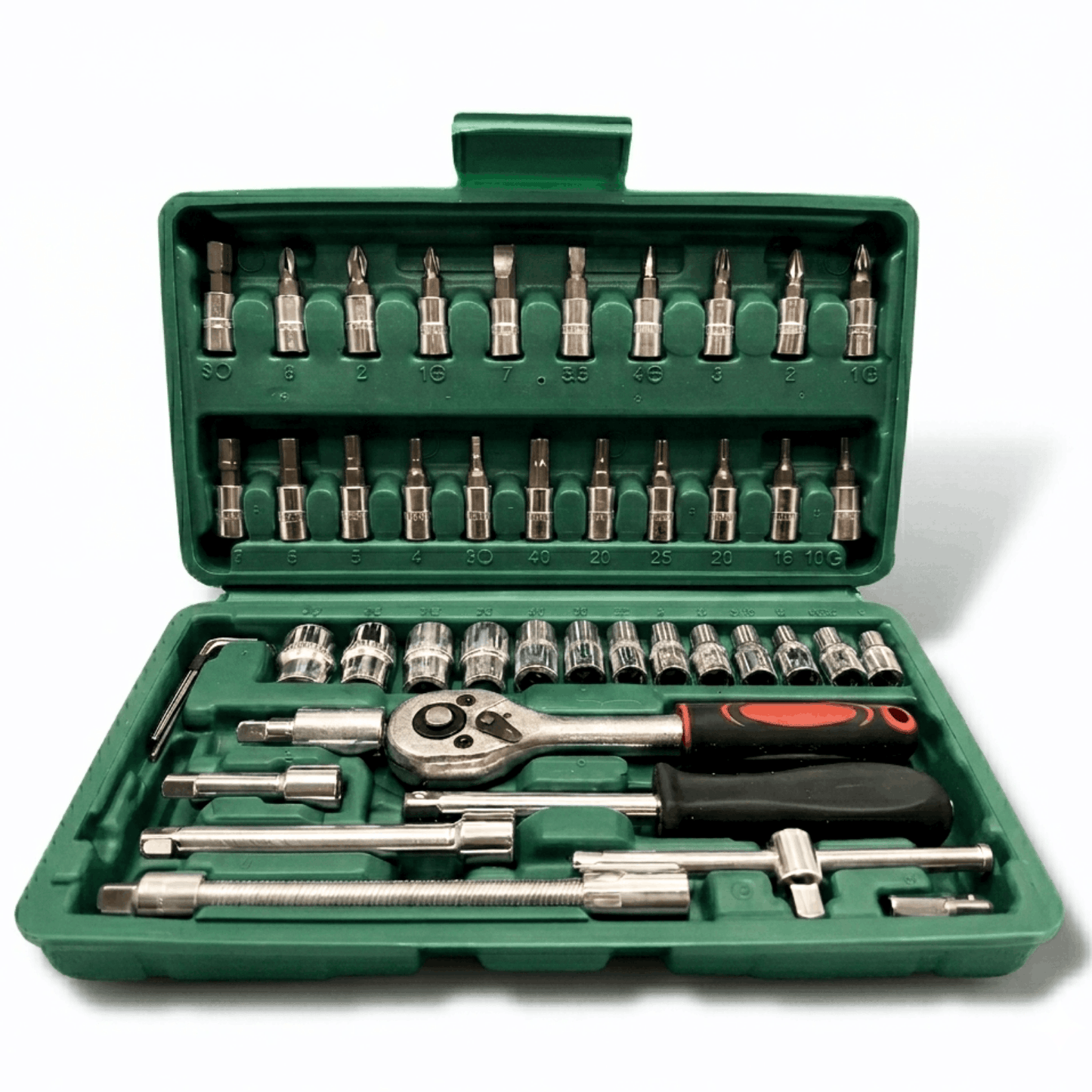 Screwdriver set in a green storage case with ratchet, sockets, and various bits neatly organized.