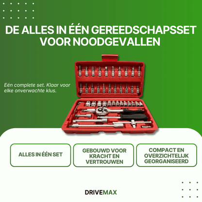 Screwdriver set in a red case with ratchet, sockets, and bits, compact and neatly organized.