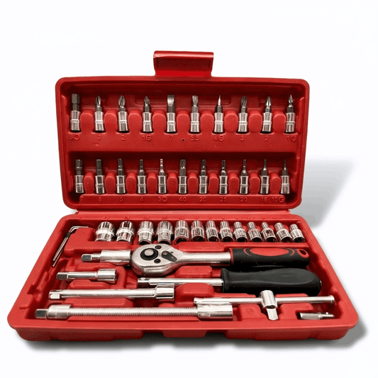 Screwdriver set in a red storage case with ratchet, sockets, and various bits neatly organized.