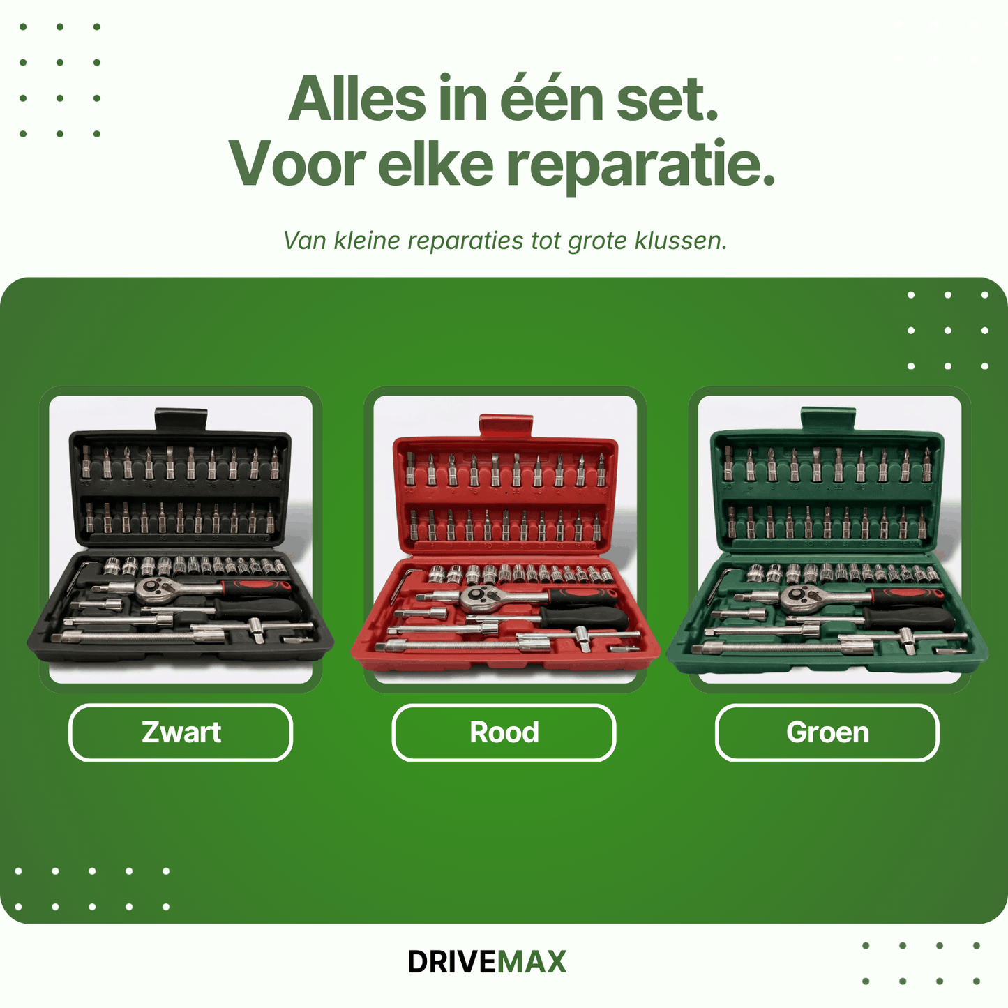 Screwdriver set available in black, red, and green, with a ratchet, sockets, and bits in a compact case.