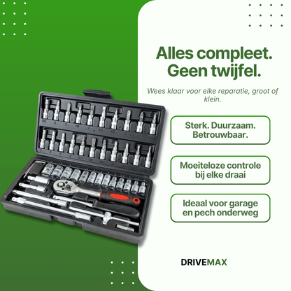 Screwdriver set in a black case with ratchet, sockets, and bits, organized and ready for any repair.