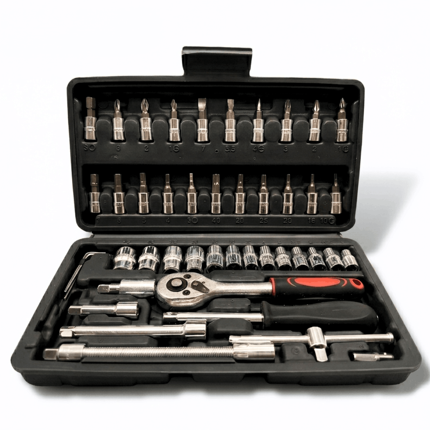 Screwdriver set in a black storage case with a ratchet, sockets, and various bits neatly organized.