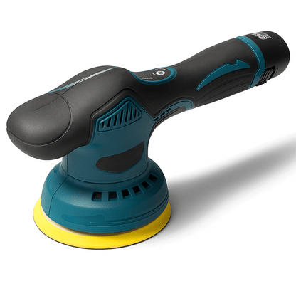 Excentrische ShinePro polijstmachine met ergonomische grip en gele schijf voor professionele lakverzorging.