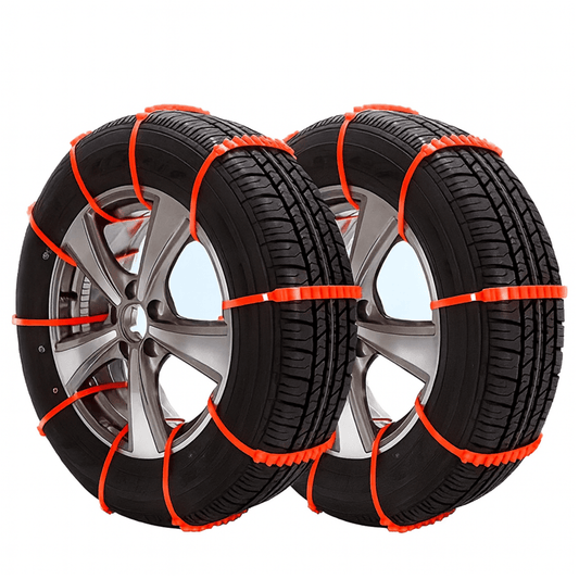 Set SnowGrip sneeuwkettingen in oranje voor autobanden, snel te monteren en extra grip op sneeuw en ijs.
