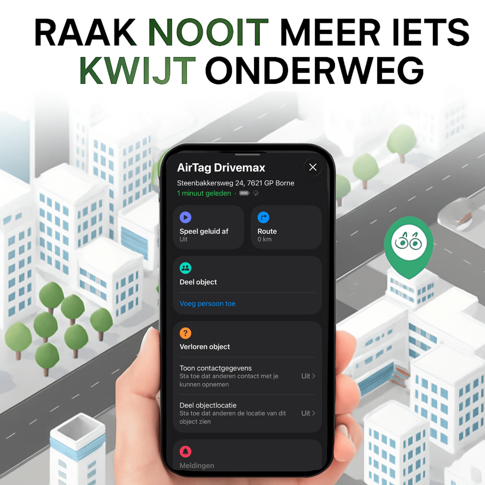 TrackGuard gps-tracker locatie zichtbaar op iPhone-scherm met stadsillustratie op achtergrond.