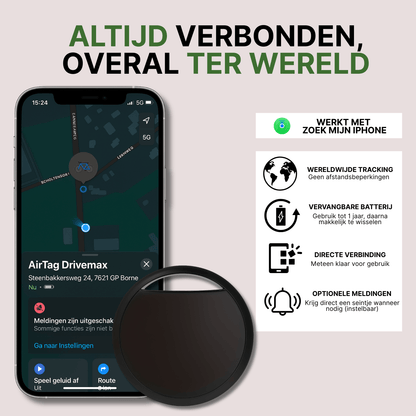 Zwarte TrackGuard gps-tracker met iPhone-scherm en informatie over wereldwijde tracking en directe verbinding.