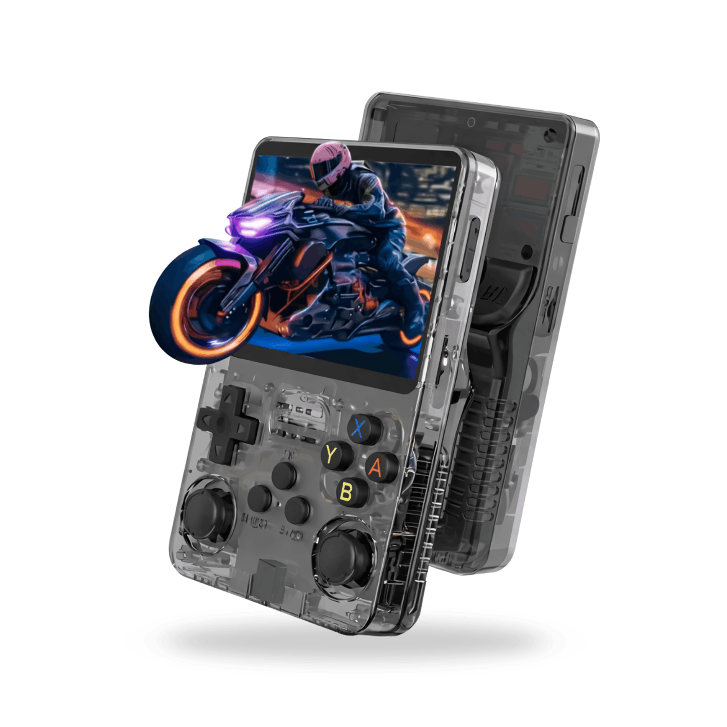 Transparent handheld gaming console with dual joysticks and buttons displaying a motorcycle racing game on the screen.