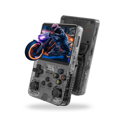 Transparent handheld gaming console with dual joysticks and buttons displaying a motorcycle racing game on the screen.